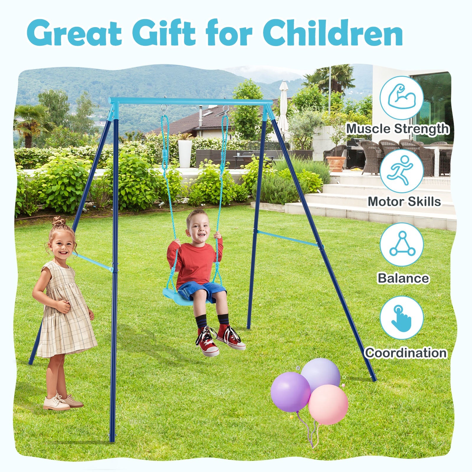 Outdoor Heavy Duty Metal Toddler Swing Set with Stand-Blue