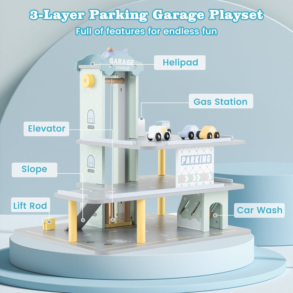 Parking Garage Playset with 4 Cars and Helicopter-Gray