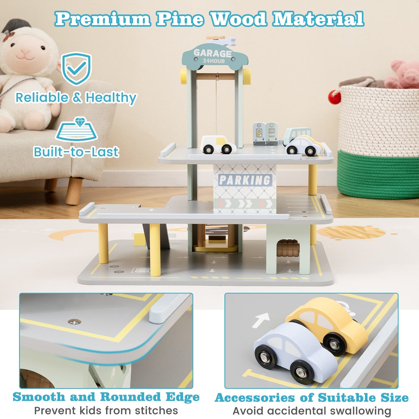 Parking Garage Playset with 4 Cars and Helicopter-Gray