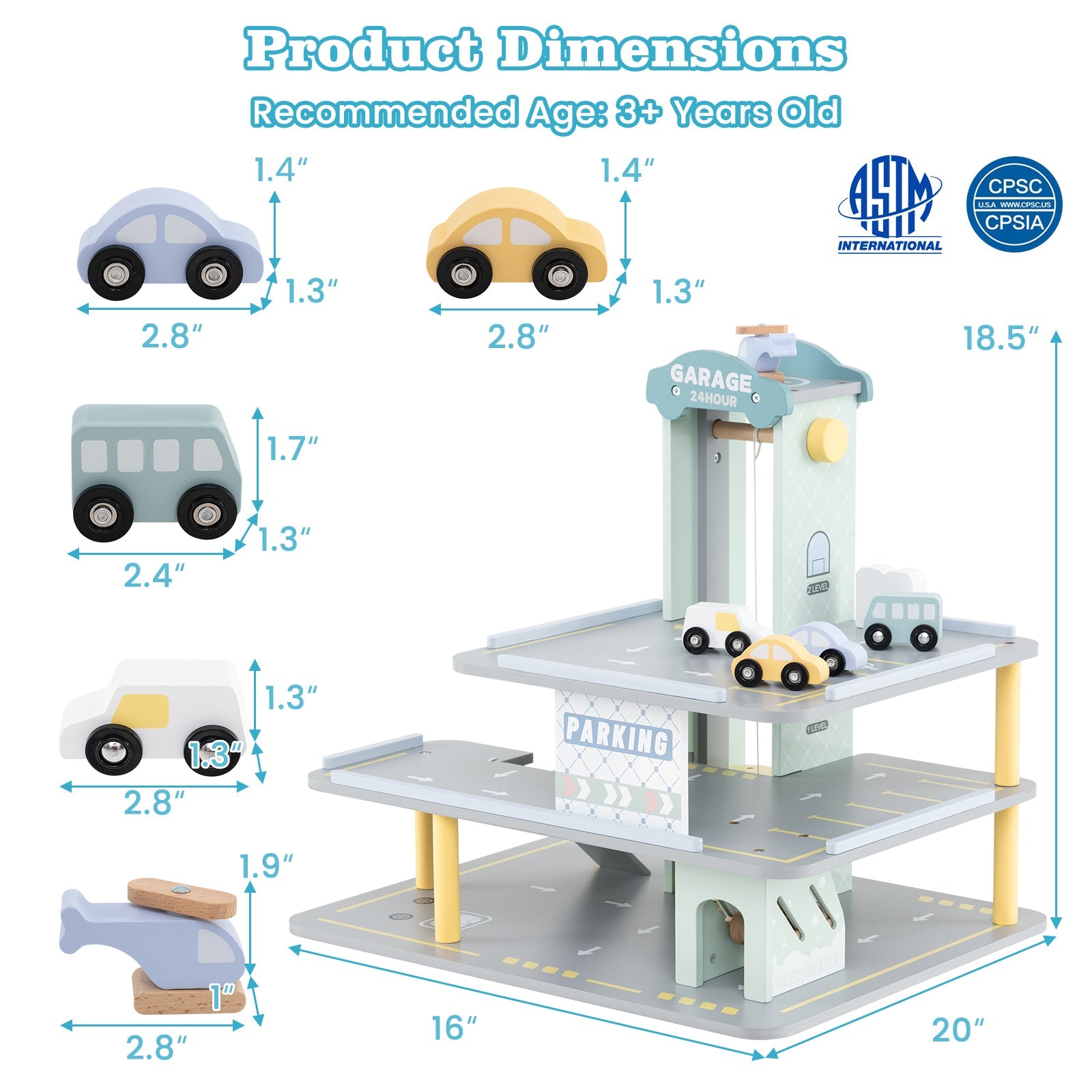 Parking Garage Playset with 4 Cars and Helicopter-Gray