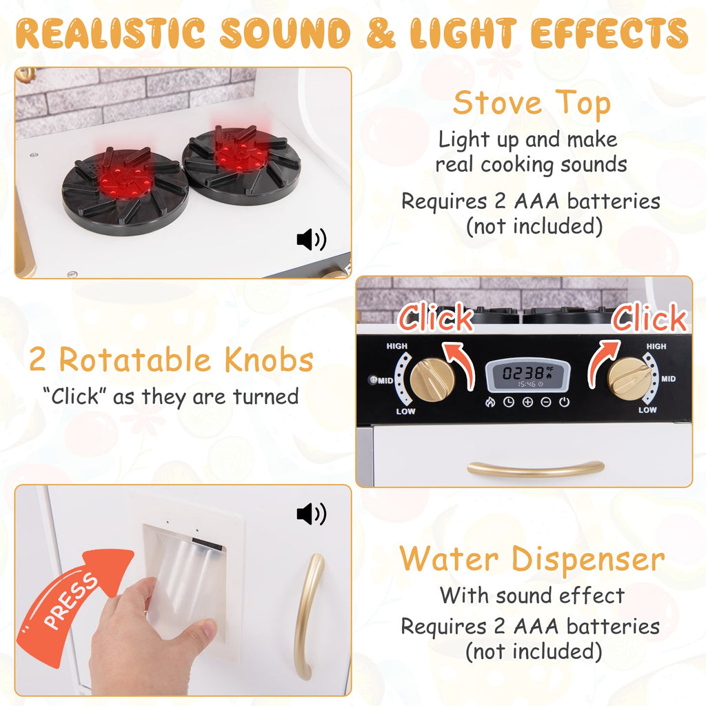 Pretend Play Kitchen with Utensils for Kids Aged 3+-White