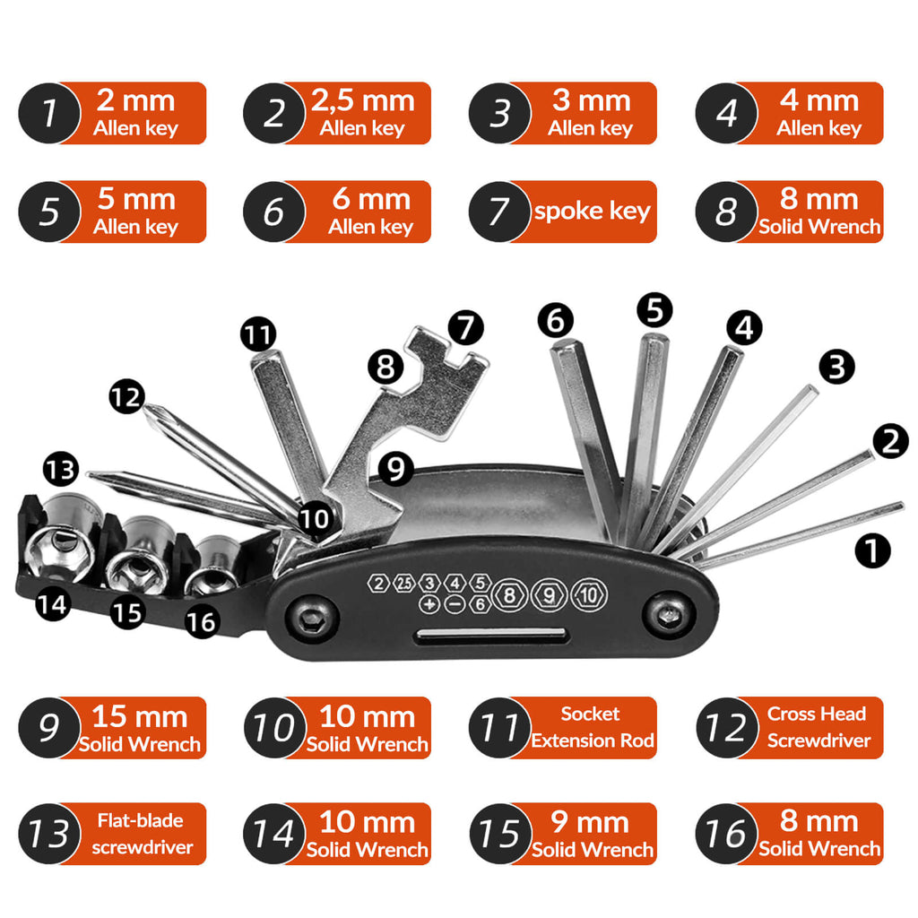 16 In 1 Multi-Function Bike Tool Kit