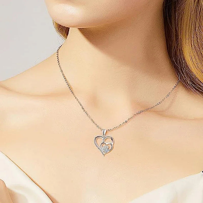Elegant Paw Shaped Double Heart CZ Pendant Necklace