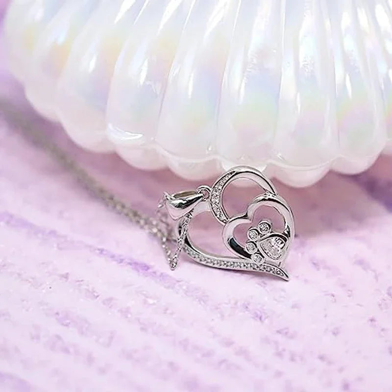 Elegant Paw Shaped Double Heart CZ Pendant Necklace