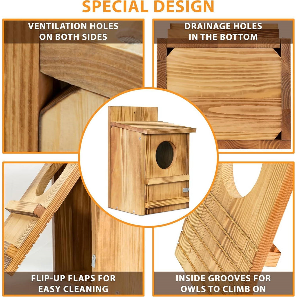 Outdoor Wooden Screech Owl BirdHouse for Mounting - Easy to Assemble