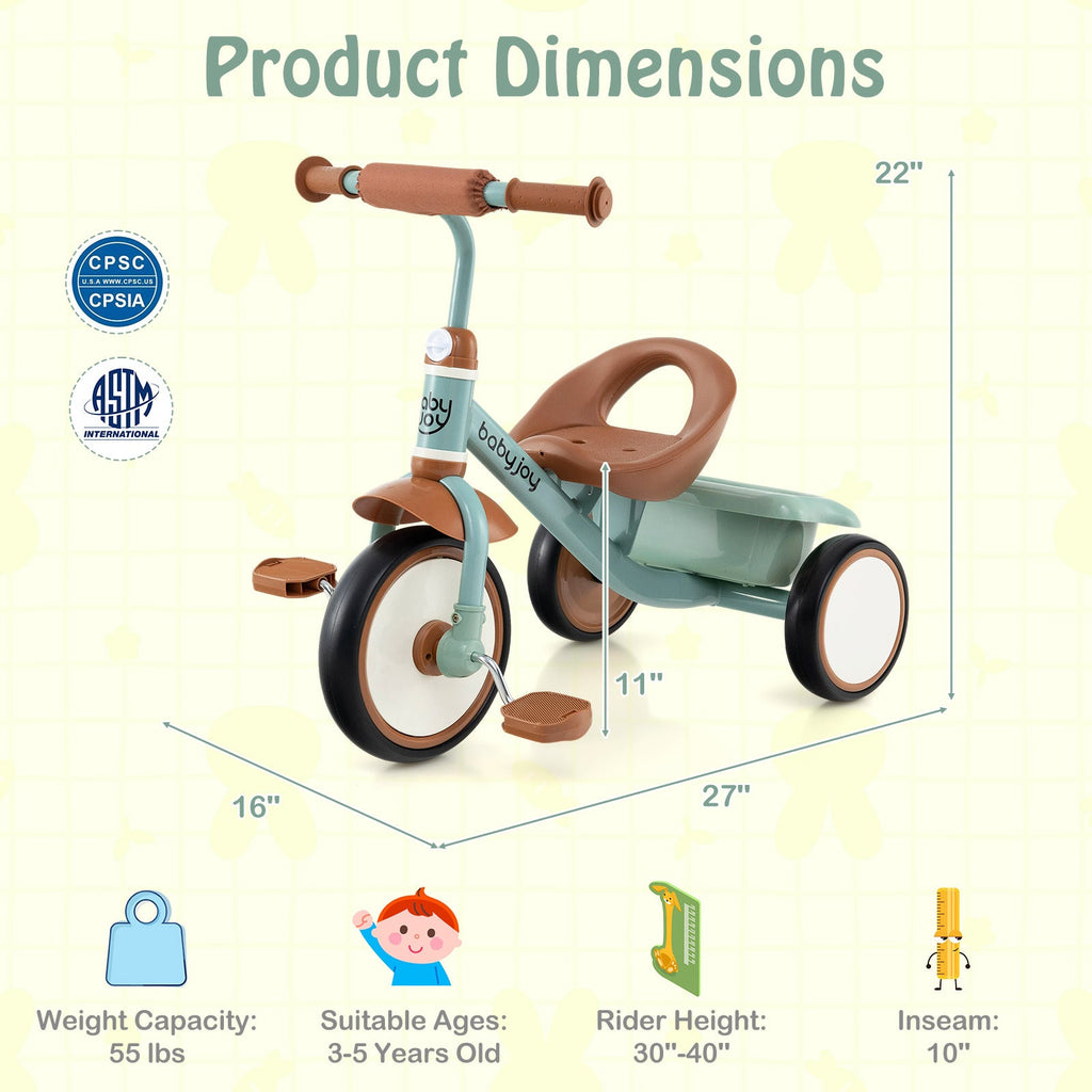 Toddler Tricycle Kids Trike with Adjustable Seat and Basket Aged 3-5 Years Old-Green