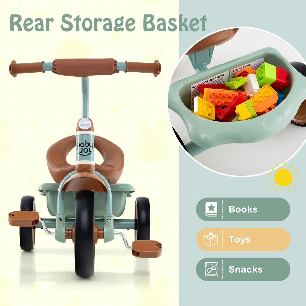 Toddler Tricycle Kids Trike with Adjustable Seat and Basket Aged 3-5 Years Old-Green