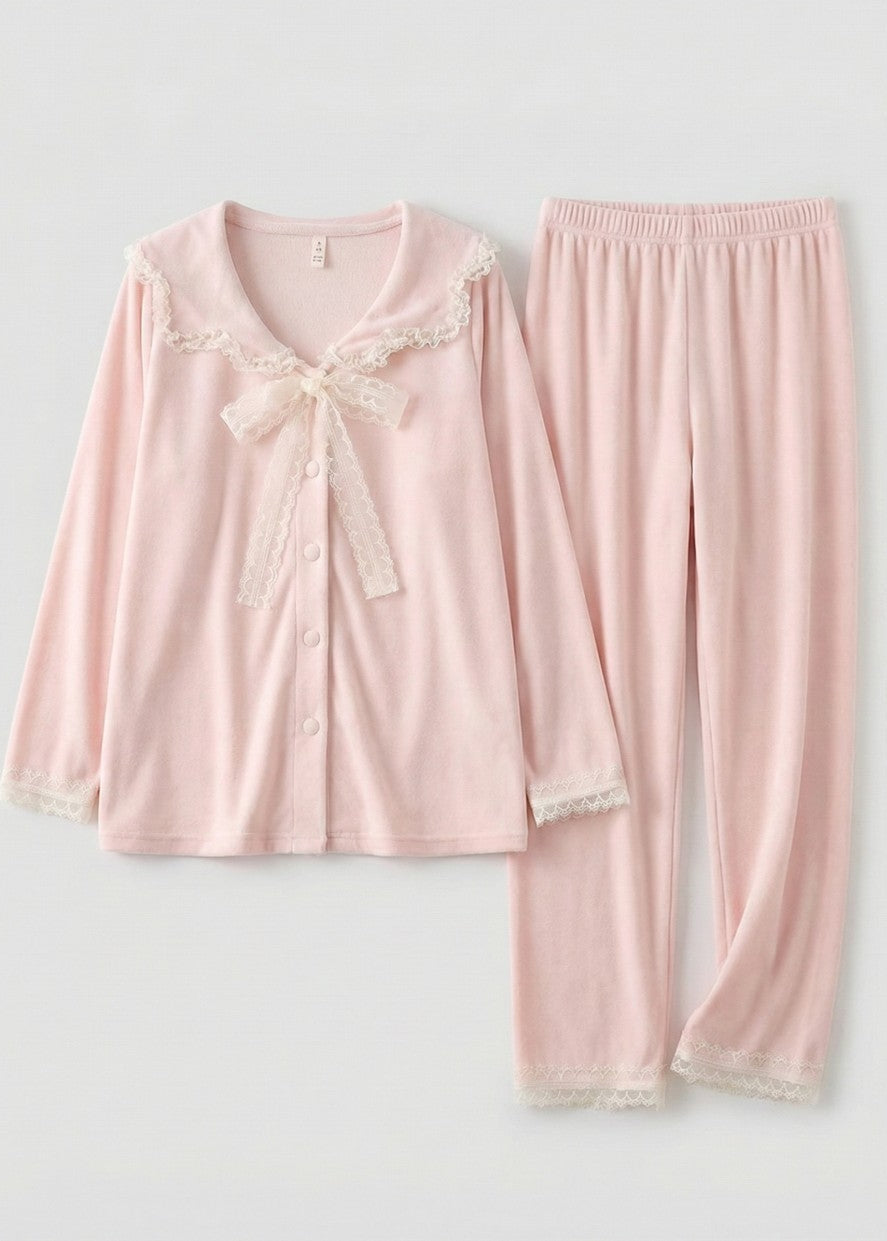Rosy Velvet Coquette Lace Pajama Set / Pink