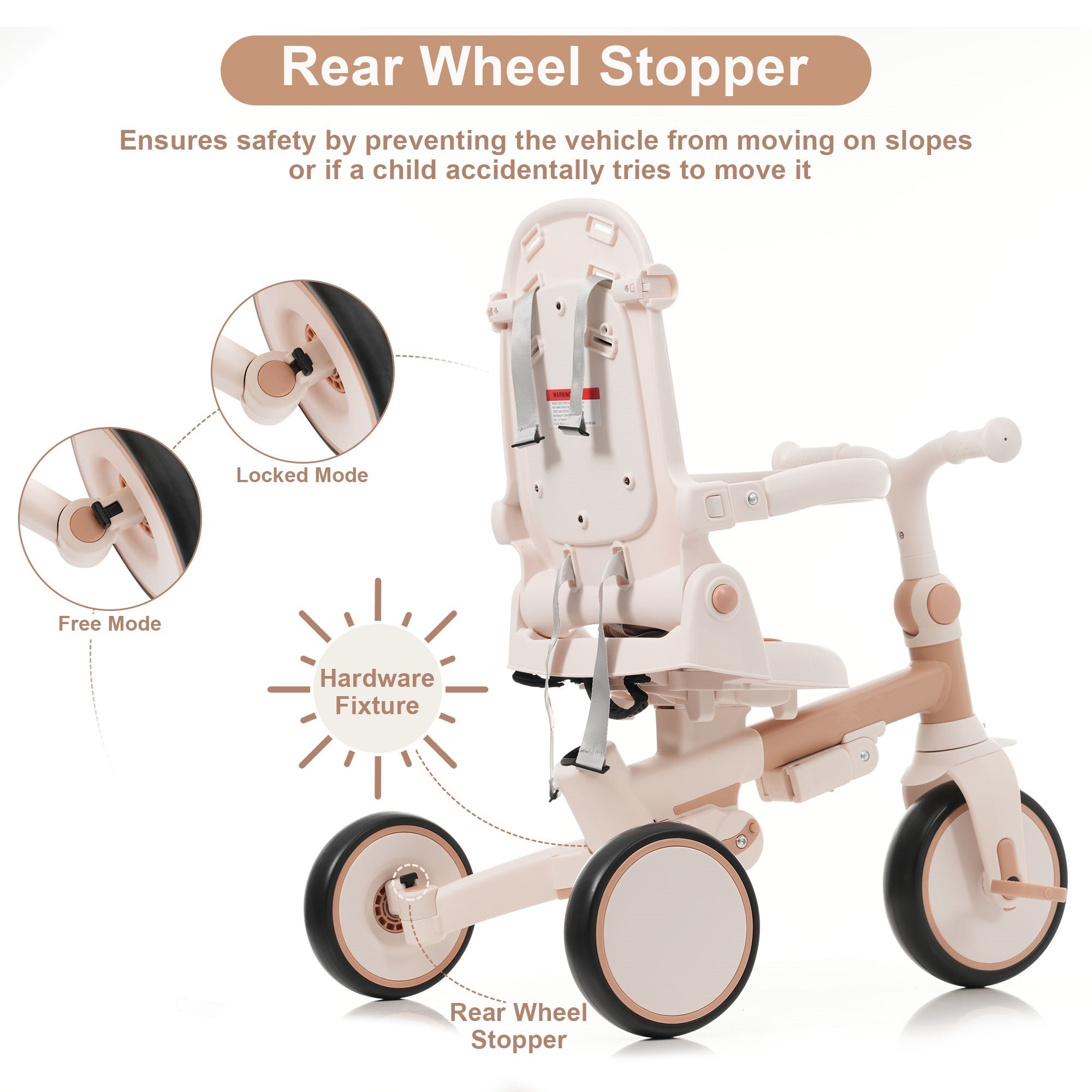 7 in 1 Baby Tricycle, Foldable Toddler Tricycle with Removable and Adjustable Parent Handle, Toddler Push Bike with Removable Pedal, Canopy, and Guardrail, Tricycle for 12-72 Months, light brown