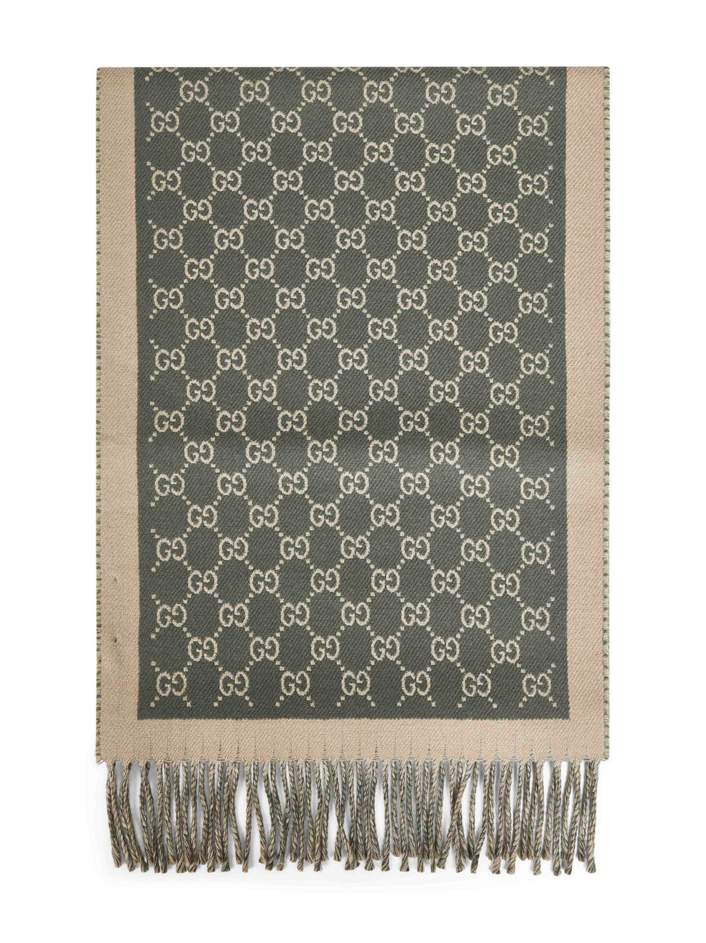 Gucci Men Green And Beige Gg Wool Scarf
