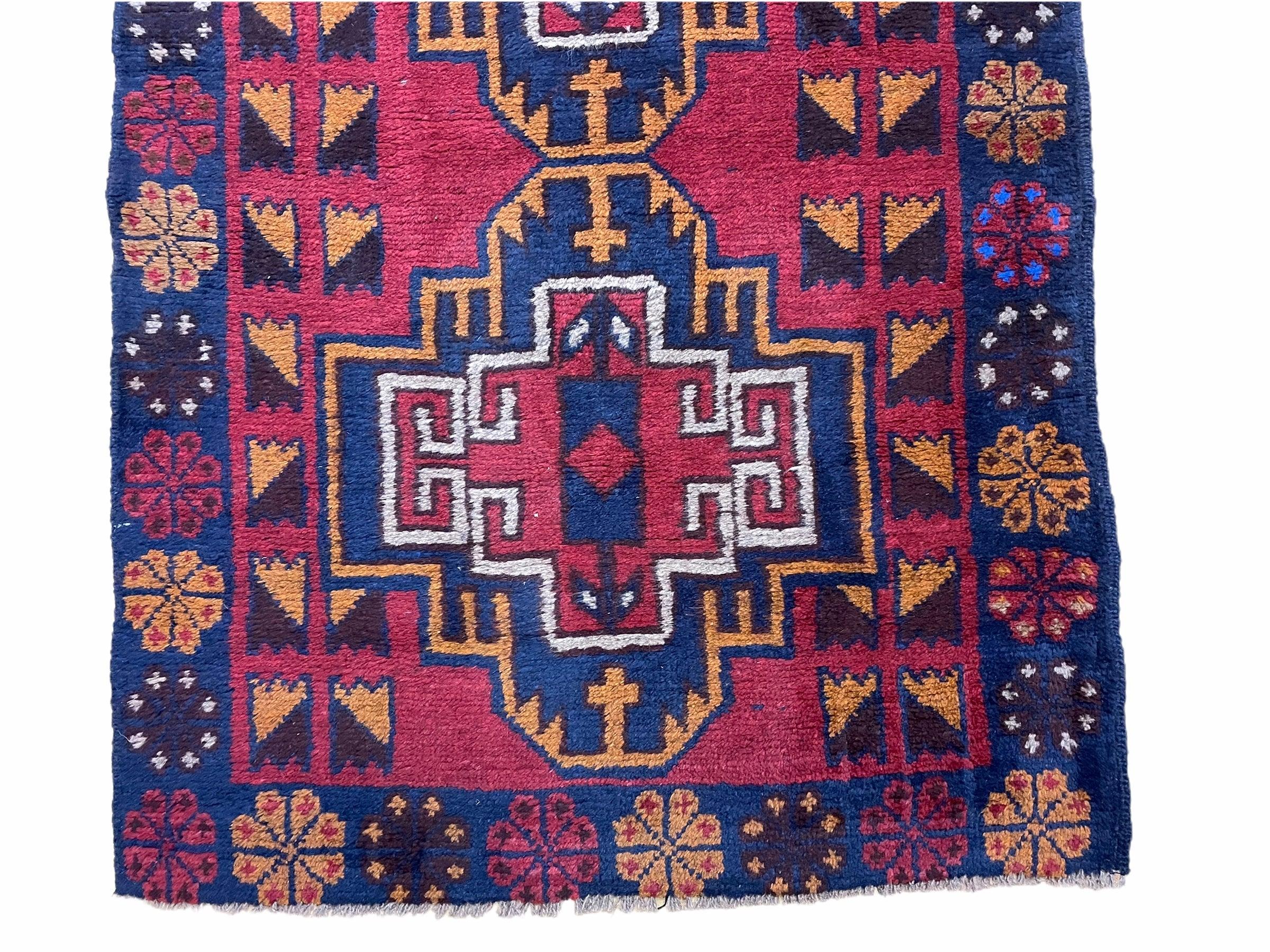 3 X 4.3 Vintage Handmade Tribal Wool Rug Balouch Rug Afghan Rug Red Blue Nice
