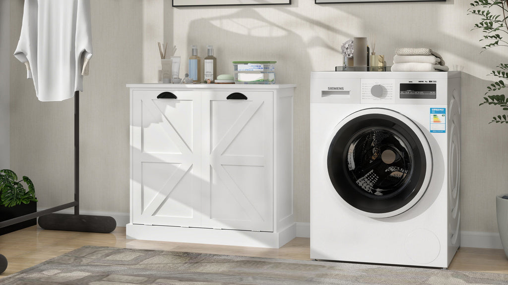 Two-Compartment Tilt-Out Laundry Sorter Cabinet-White