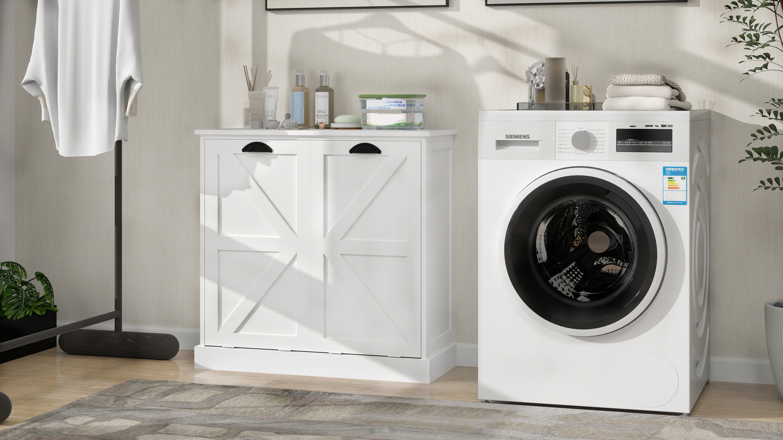 Two-Compartment Tilt-Out Laundry Sorter Cabinet-White