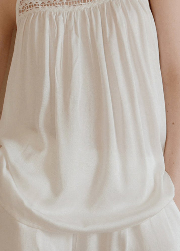 Amie Lace Collar Satin Lightweight Pajama Set / White