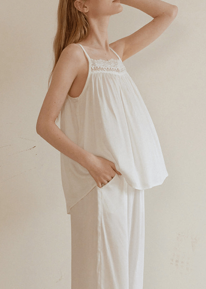 Amie Lace Collar Satin Lightweight Pajama Set / White