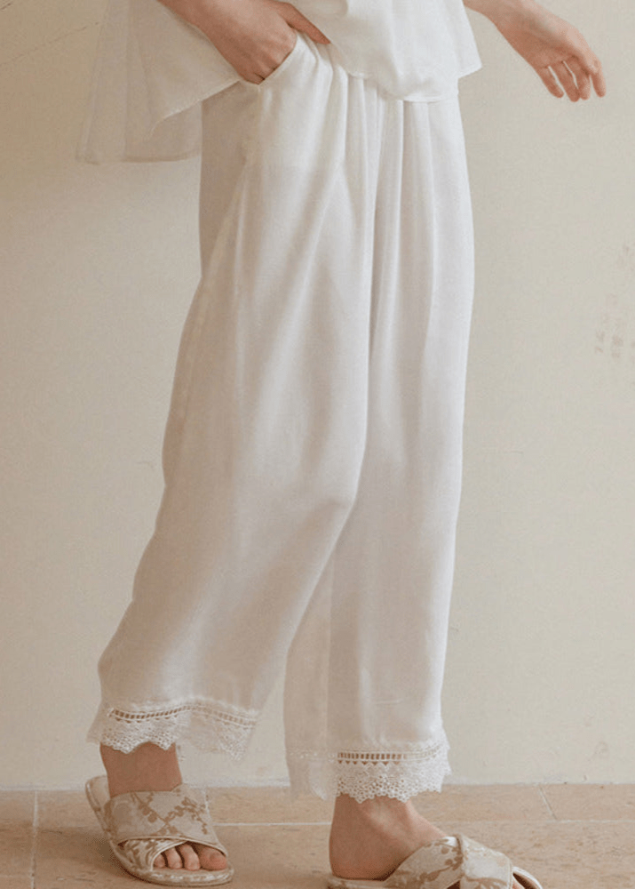 Amie Lace Collar Satin Lightweight Pajama Set / White