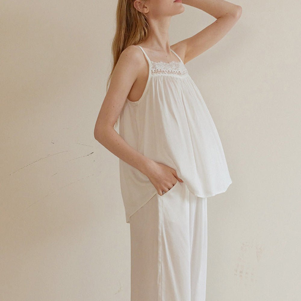 Amie Lace Collar Satin Lightweight Pajama Set / White