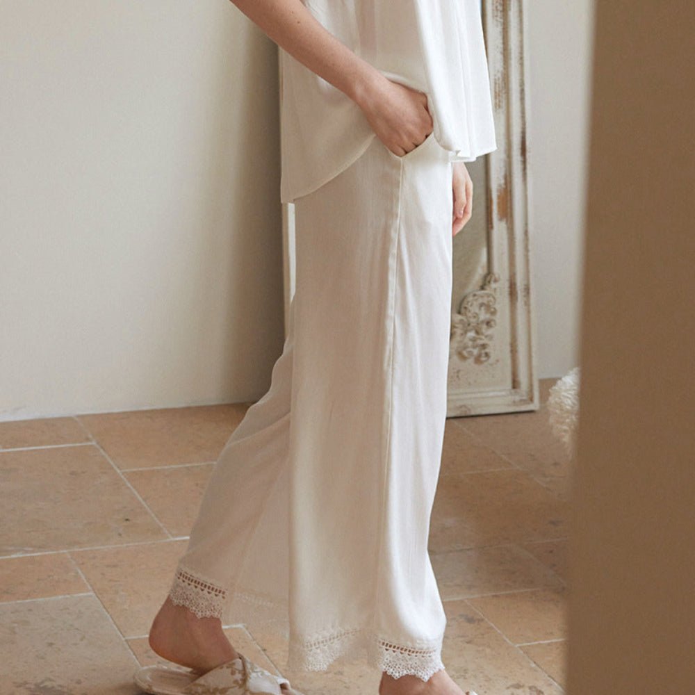 Amie Lace Collar Satin Lightweight Pajama Set / White