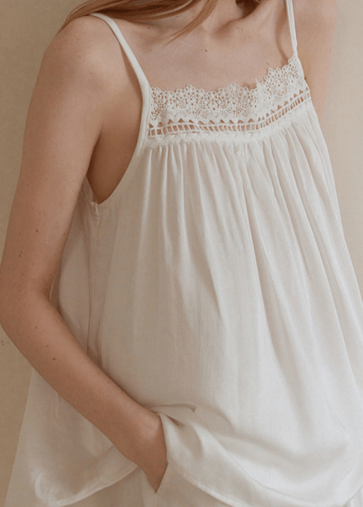 Amie Lace Collar Satin Lightweight Pajama Set / White