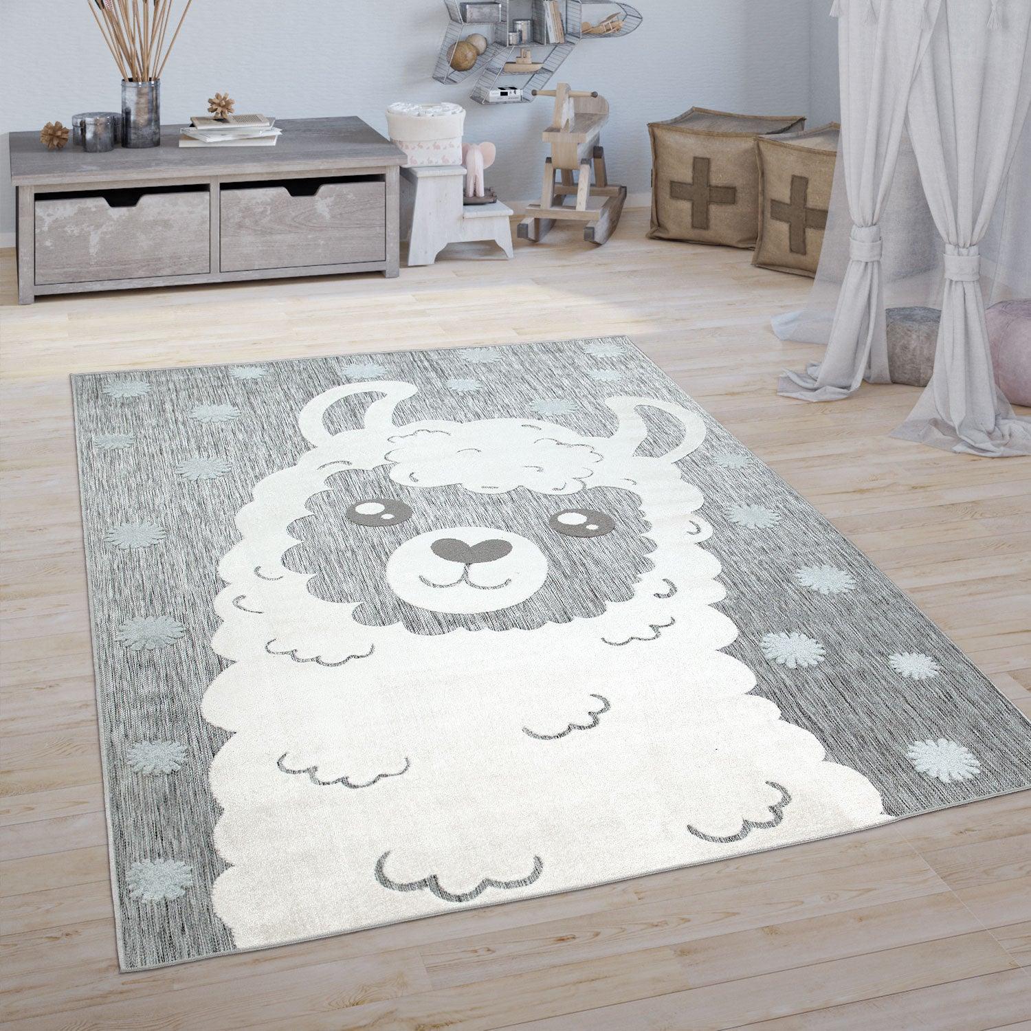 Kids Rug Lilo with Cute Llama Motif - Grey White