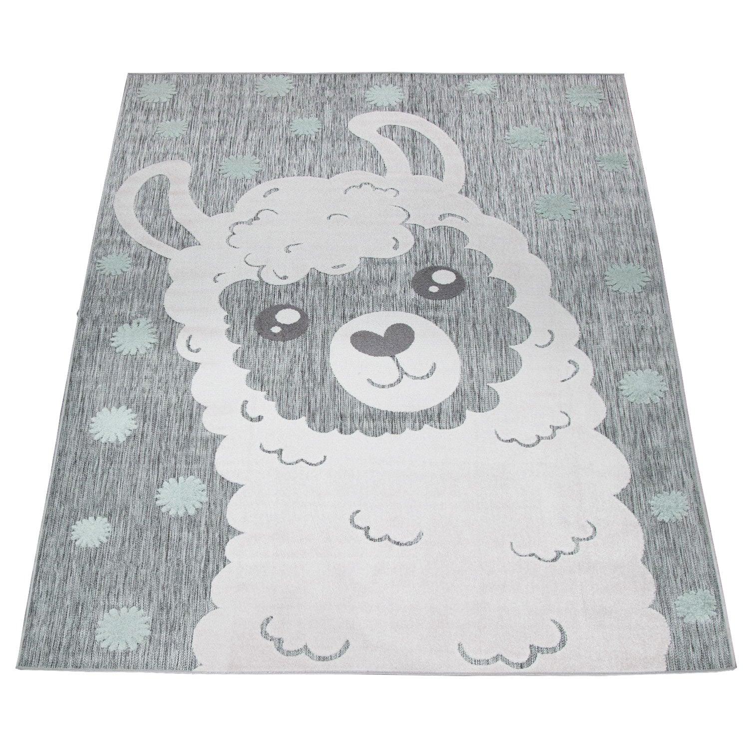 Kids Rug Lilo with Cute Llama Motif - Grey White