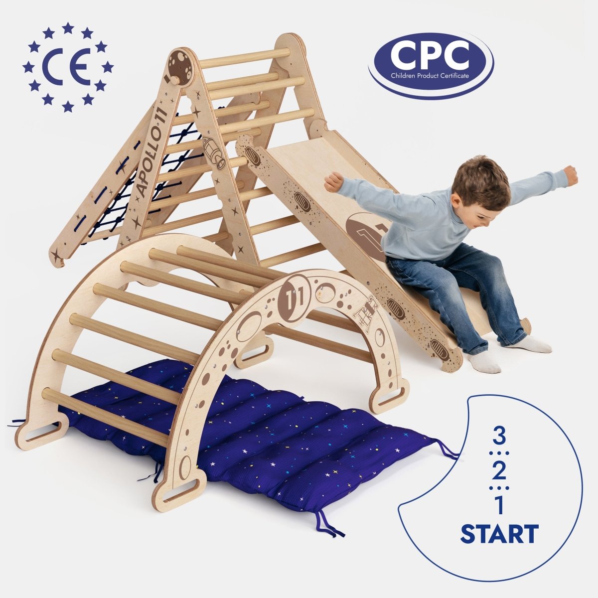 Apollo 5in1 Climbing Set:  Pikler Triangle, Net, Arch, Slide Board, and Cushion for Little Astronauts