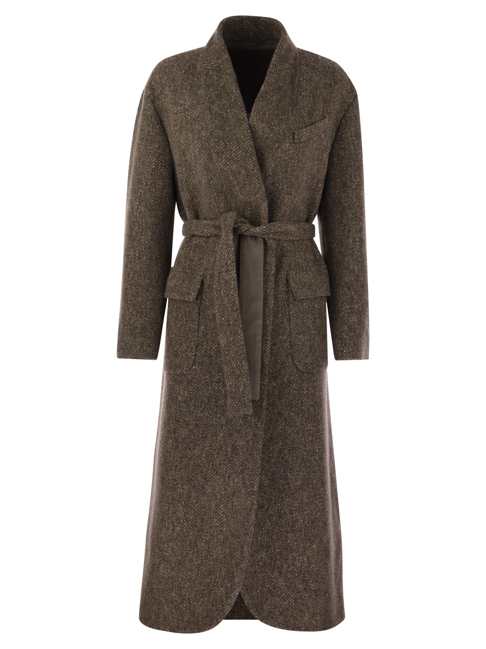 Brunello Cucinelli Women Wool And Cashmere Diagonal Mélange Coat With Belt And Necklace