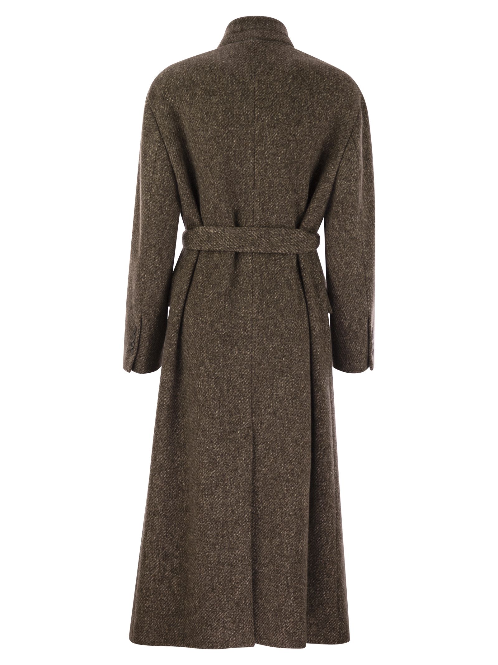 Brunello Cucinelli Women Wool And Cashmere Diagonal Mélange Coat With Belt And Necklace