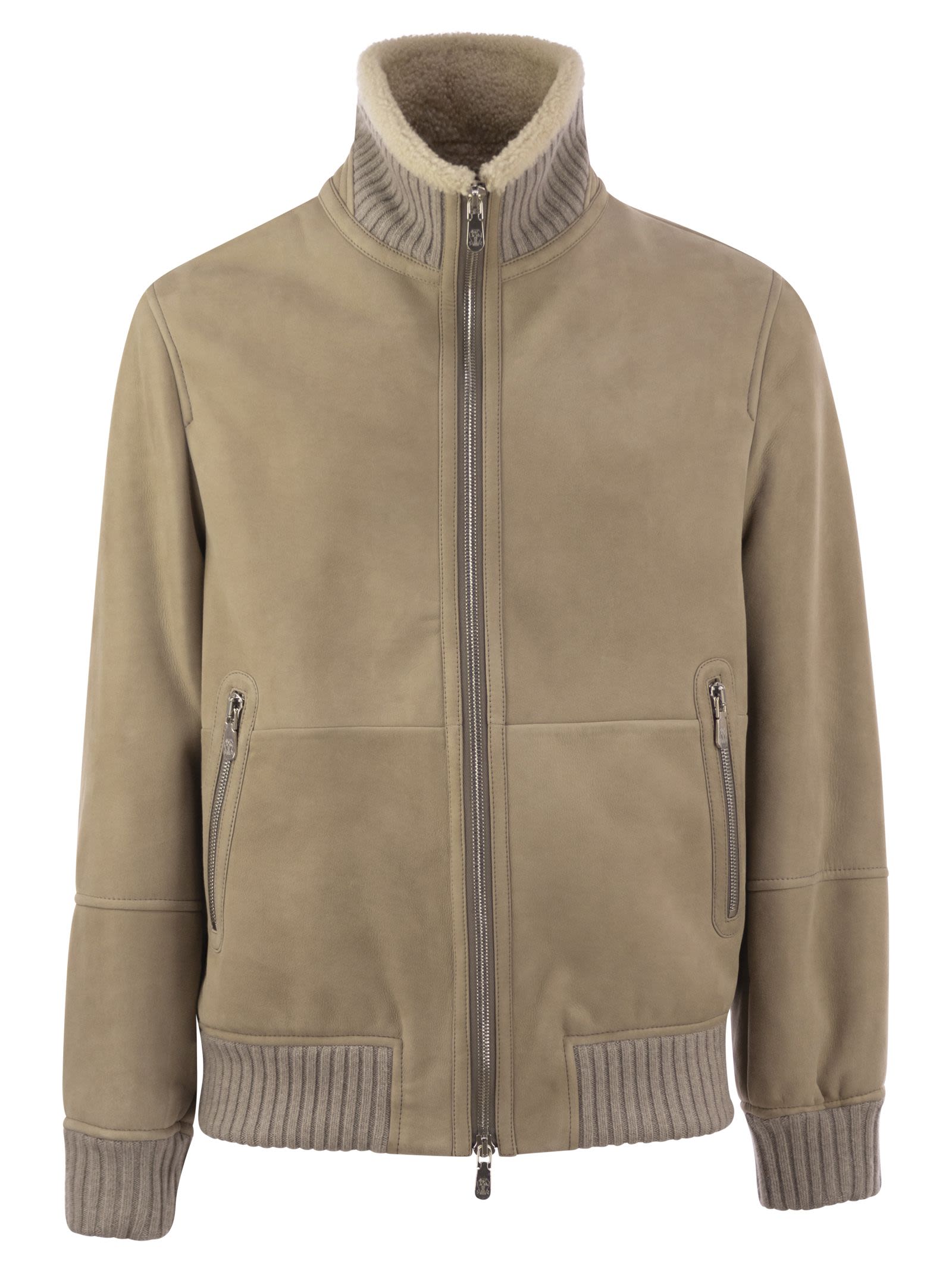Brunello Cucinelli Men Bomber In Curly Suede Shearling With Cashmere Knit Collar