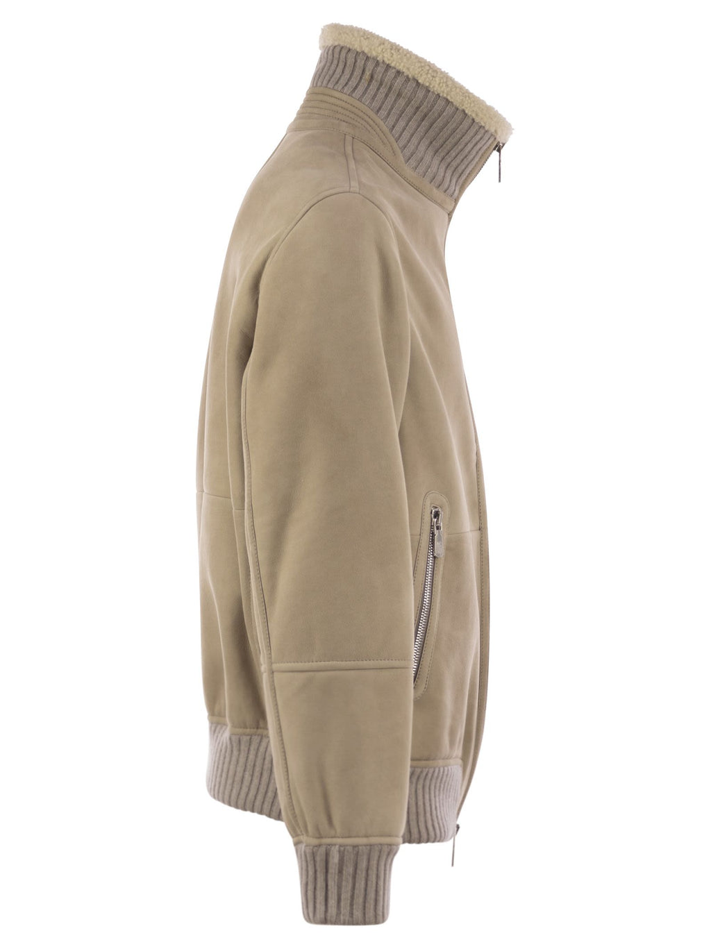 Brunello Cucinelli Men Bomber In Curly Suede Shearling With Cashmere Knit Collar
