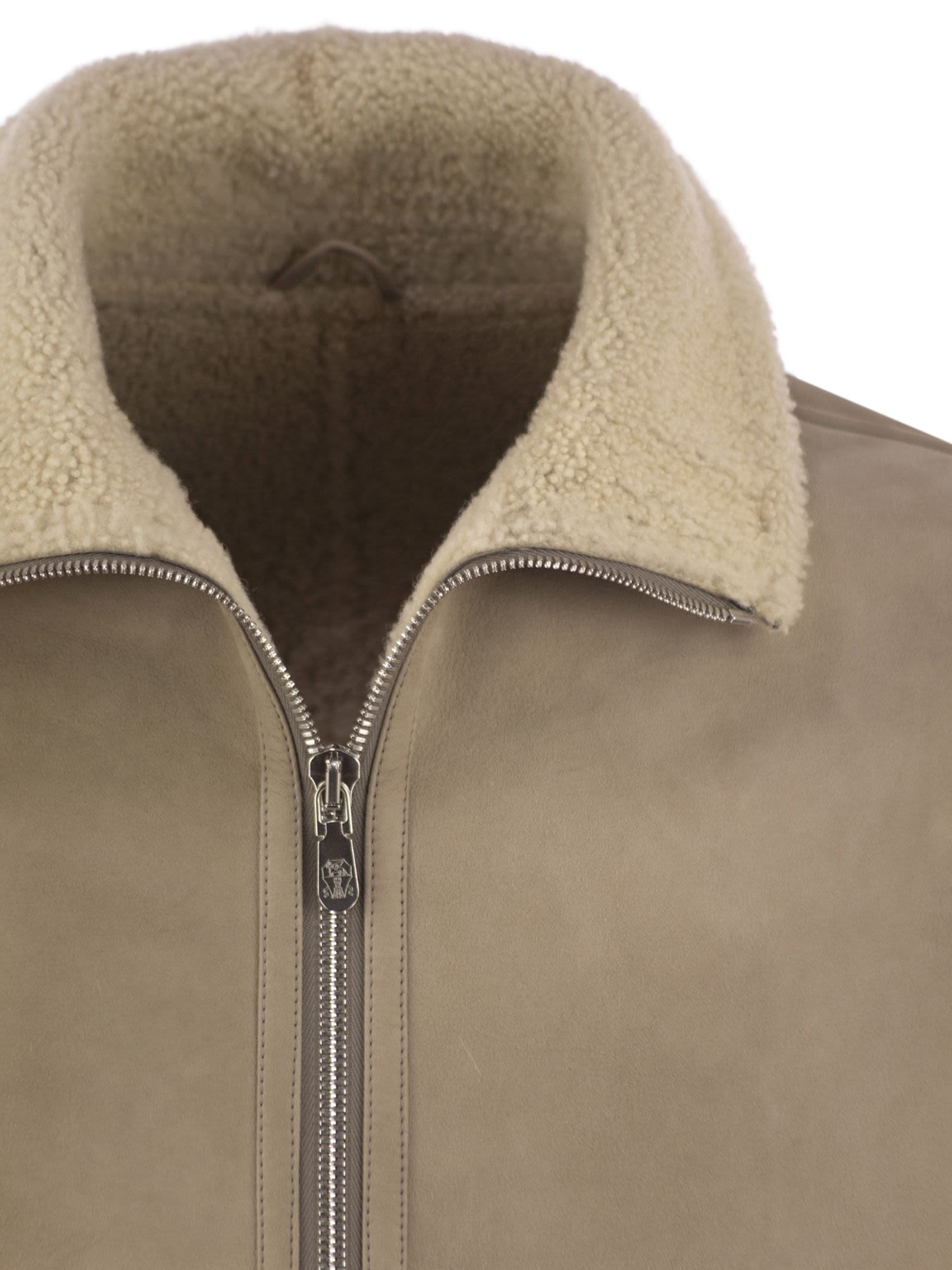Brunello Cucinelli Men Bomber In Curly Suede Shearling With Cashmere Knit Collar