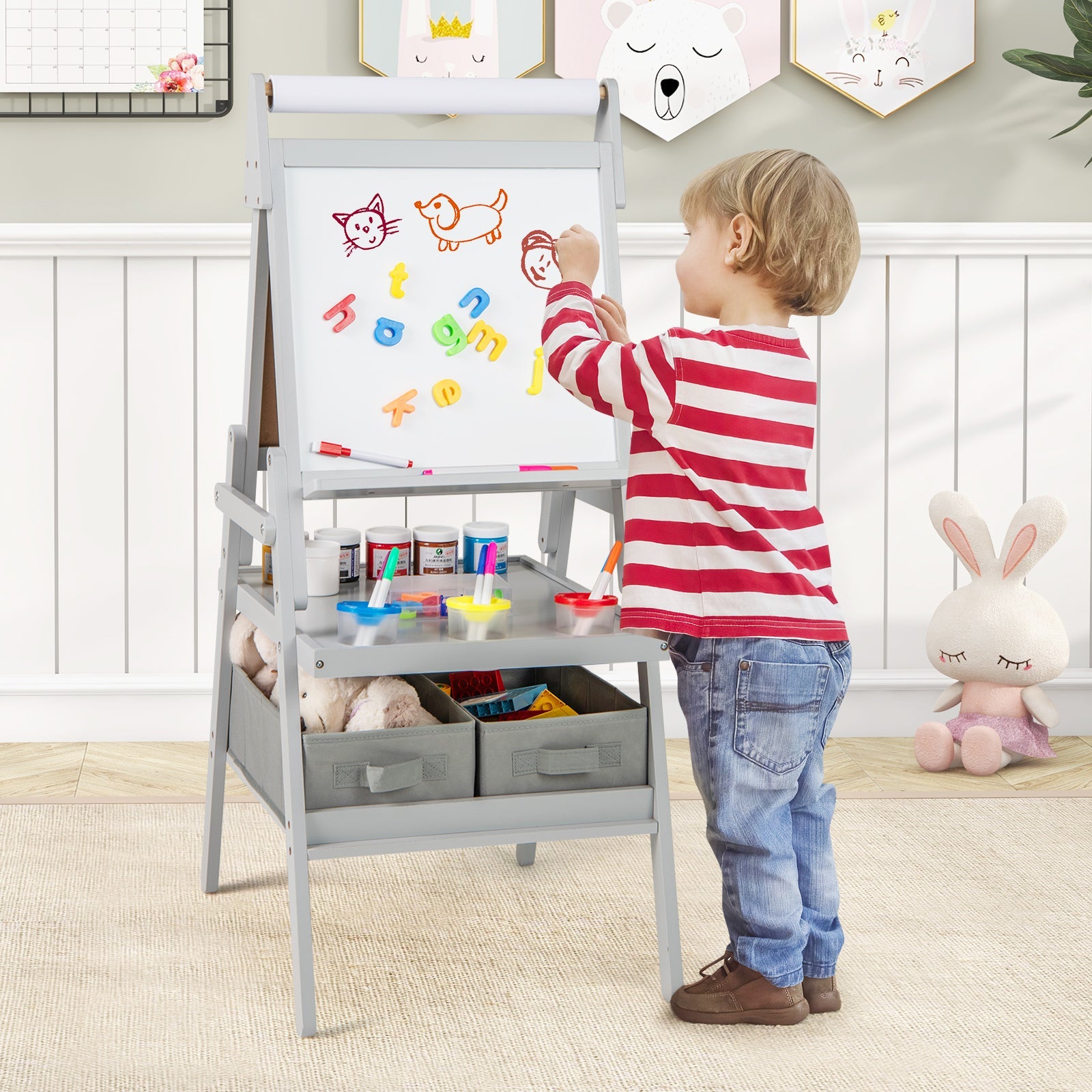 3-in-1 Art Easel for Kids with Magnetic Chalkboard and Whiteboard-Gray