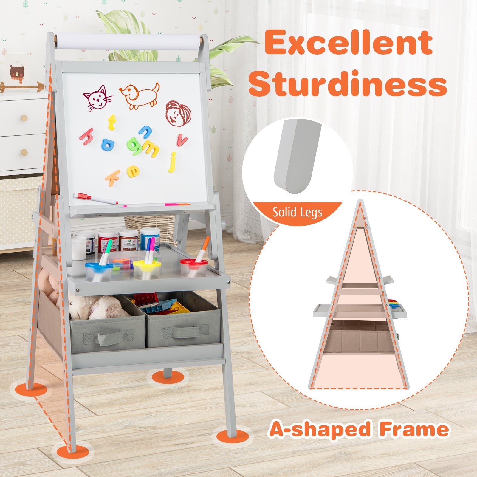3-in-1 Art Easel for Kids with Magnetic Chalkboard and Whiteboard-Gray