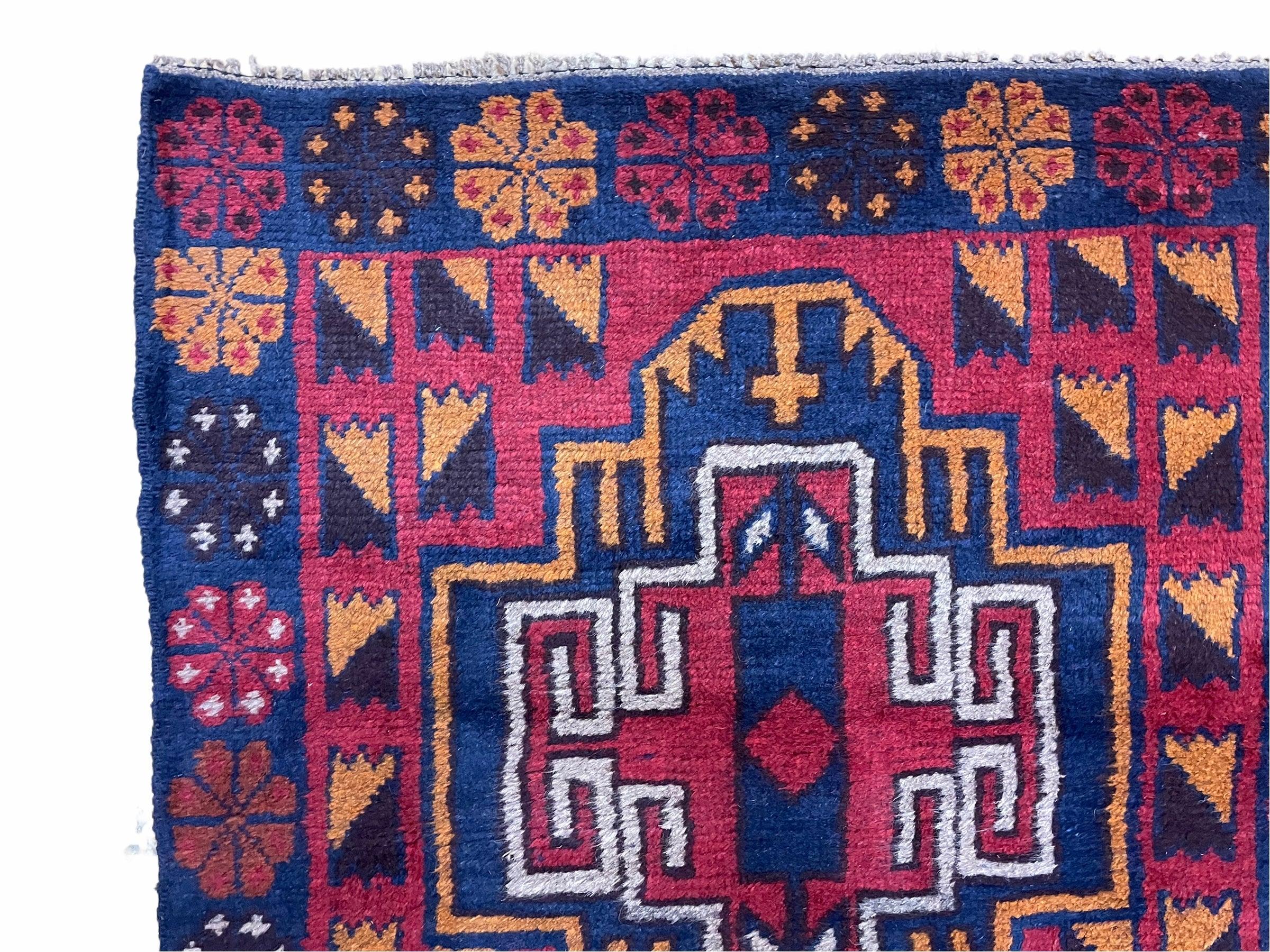 3 X 4.3 Vintage Handmade Tribal Wool Rug Balouch Rug Afghan Rug Red Blue Nice