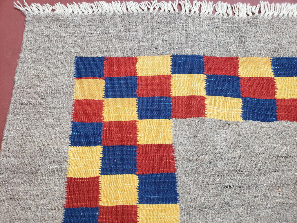 New Turkish Kilim Area Rug, Gray Carpet With Colorful Checker Border, 5'6" x 8", Flatweave Carpet, Playroom Rug, Kids Room Rug, Hand-Knotted