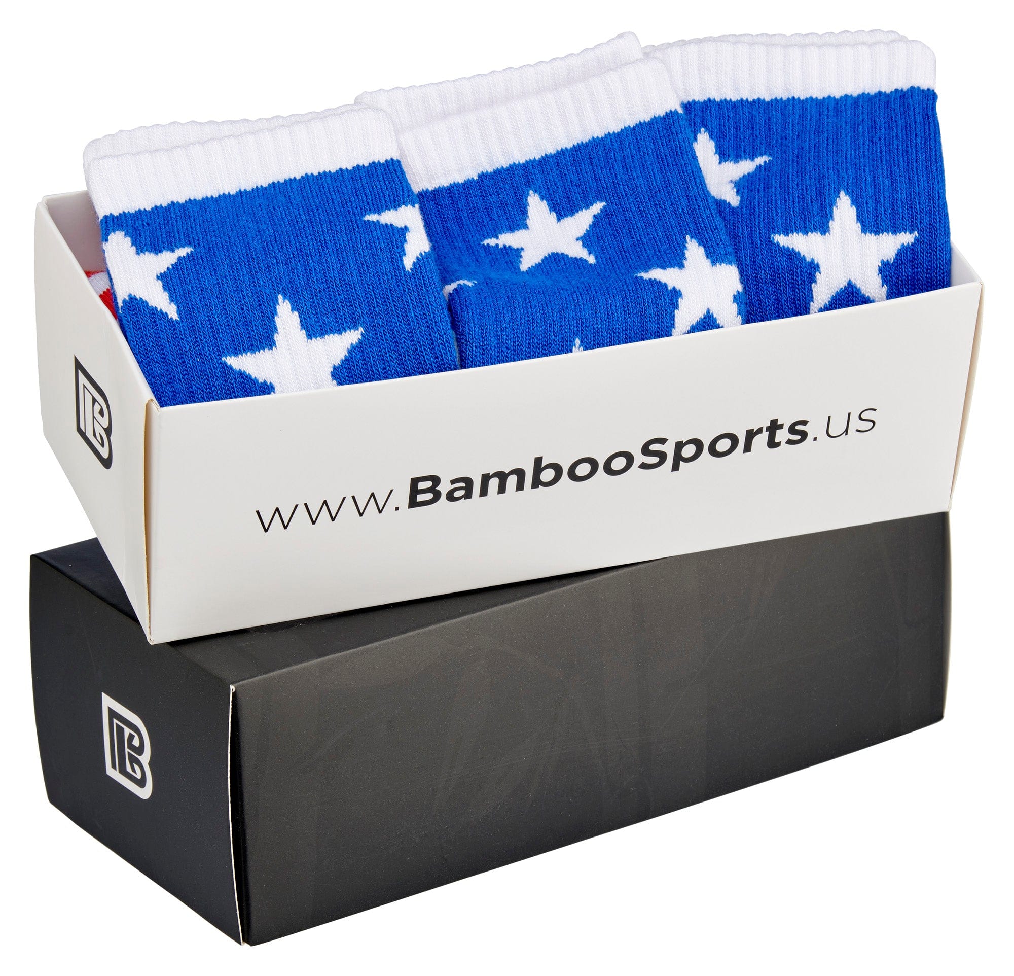 Bamboo Sports Red White and Blue Premium Bamboo Rayon Crew Work Socks- Moisture Wicking, Odor Eliminating Red, White, and Blue American Flag 4th of July Socks for Men and Women Gift Box 3 Pair