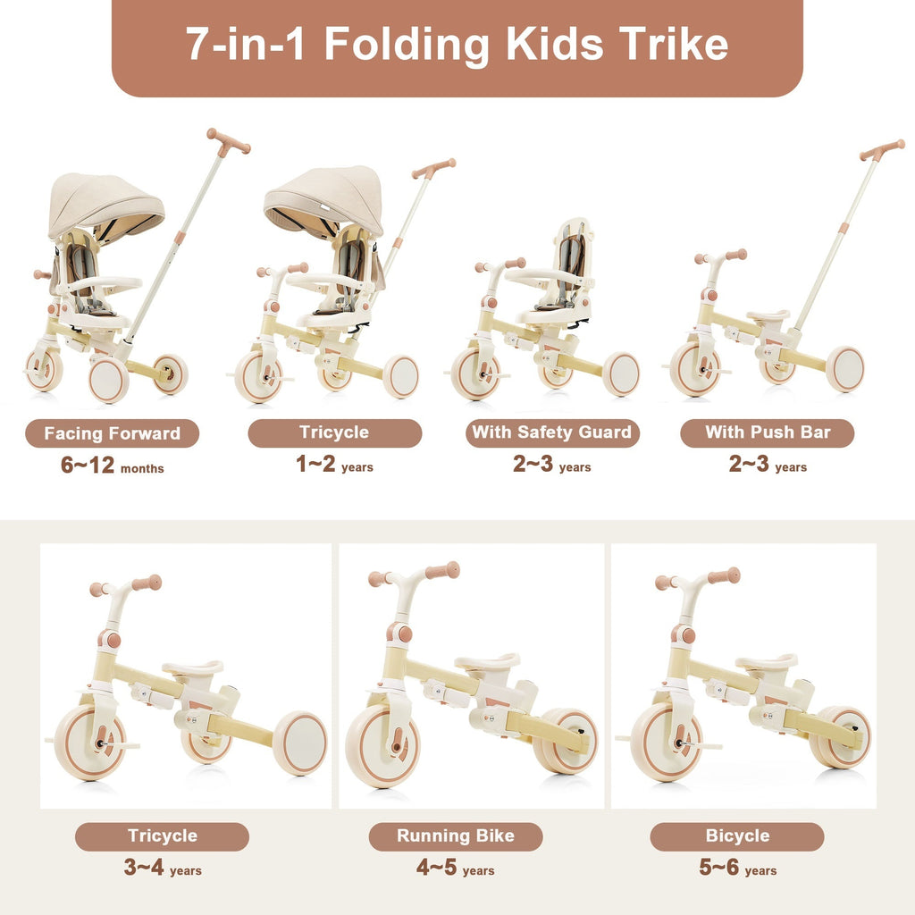 7 in 1 Baby Tricycle, Foldable Toddler Tricycle with Removable and Adjustable Parent Handle, Toddler Push Bike with Removable Pedal, Canopy, and Guardrail, Tricycle for 12-72 Months, yellow