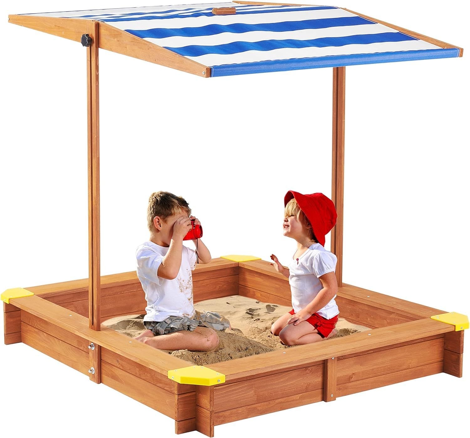 Kids Sandbox with Cover, 46' Wooden Sand Box w/Adjustable Canopy, Large Outdoor Cedar Sandpit for Backyard Play