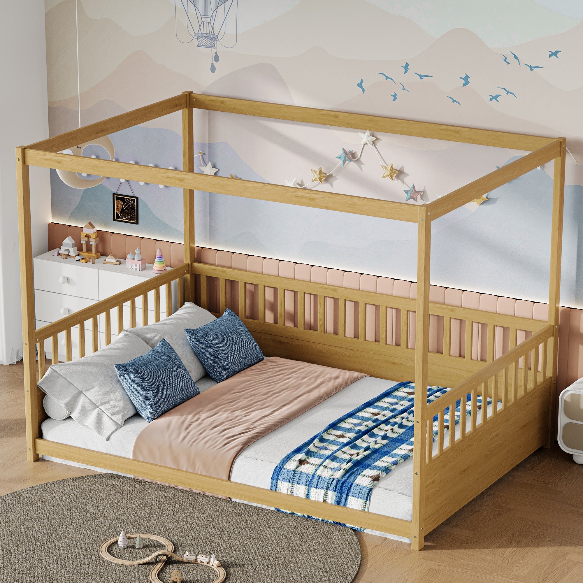 Full Size Canopy Bed Frame with Guardrails for Kids,Floor Bed Full with Four Poster Design,Kids Montessori Floor Bed,Wood Canopy Bed Frame for Girls,Boys(Full,Natural)