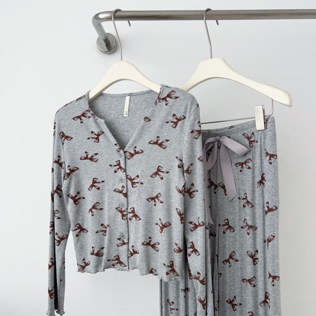 Bow V Neck Modal Pajama Set / Black