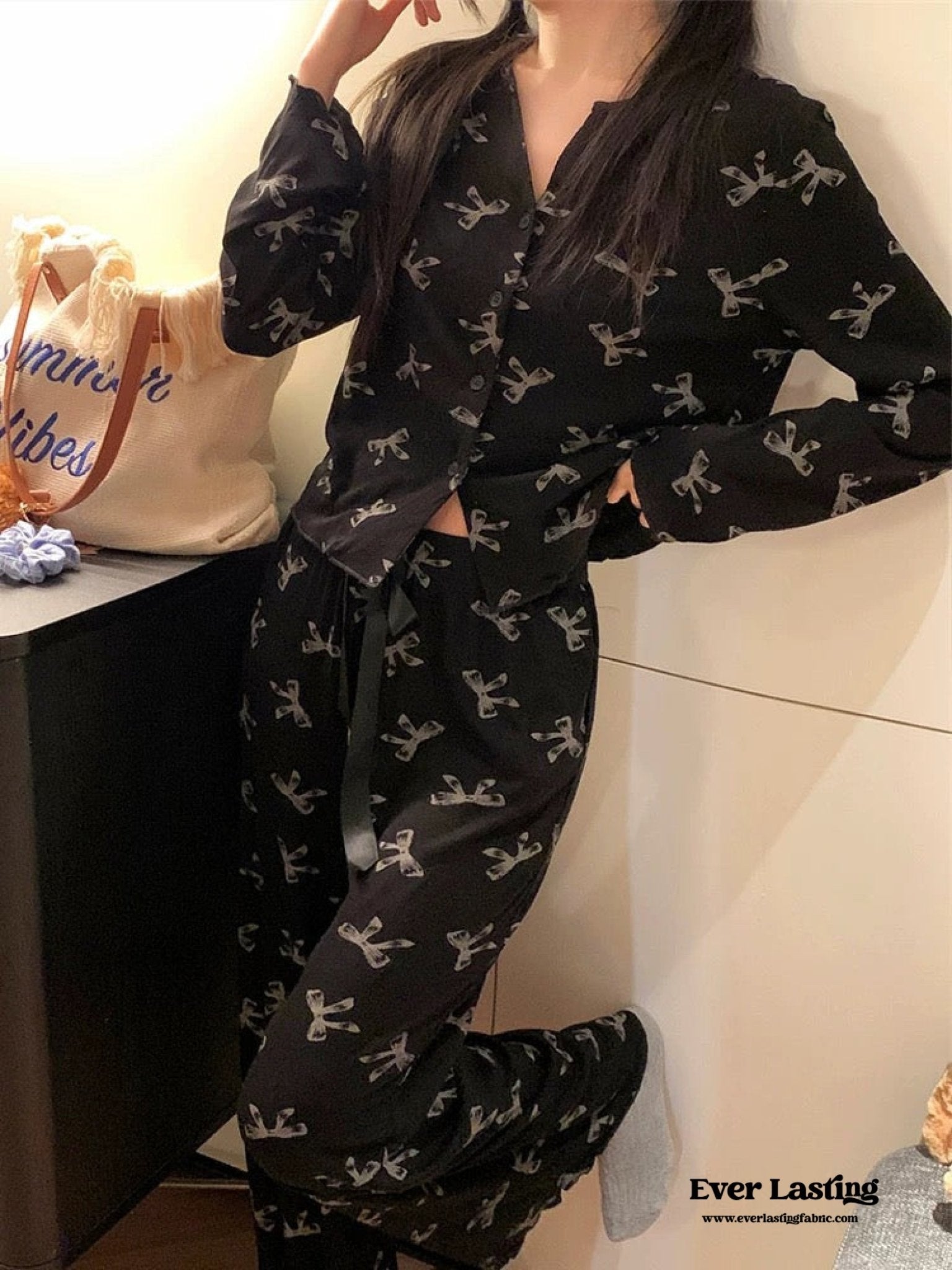 Bow V Neck Modal Pajama Set / Black