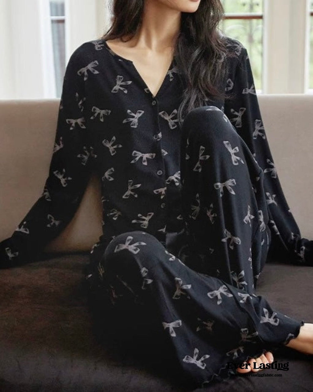 Bow V Neck Modal Pajama Set / Black