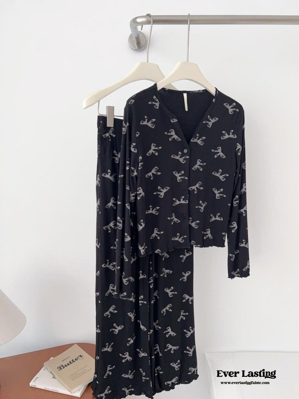 Bow V Neck Modal Pajama Set / Black