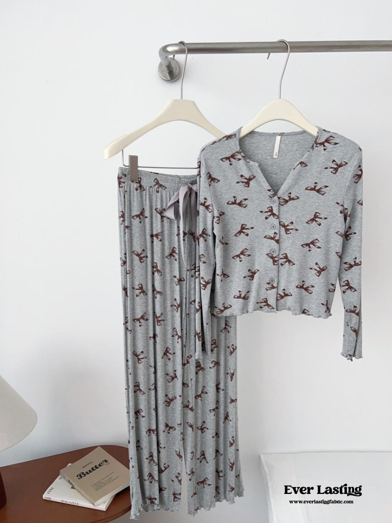 Bow V Neck Modal Pajama Set / Black