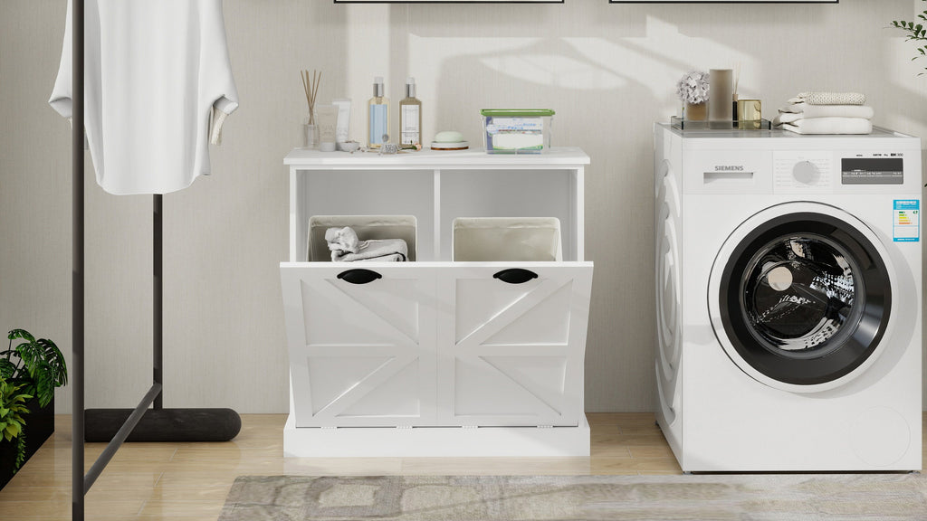 Two-Compartment Tilt-Out Laundry Sorter Cabinet-White