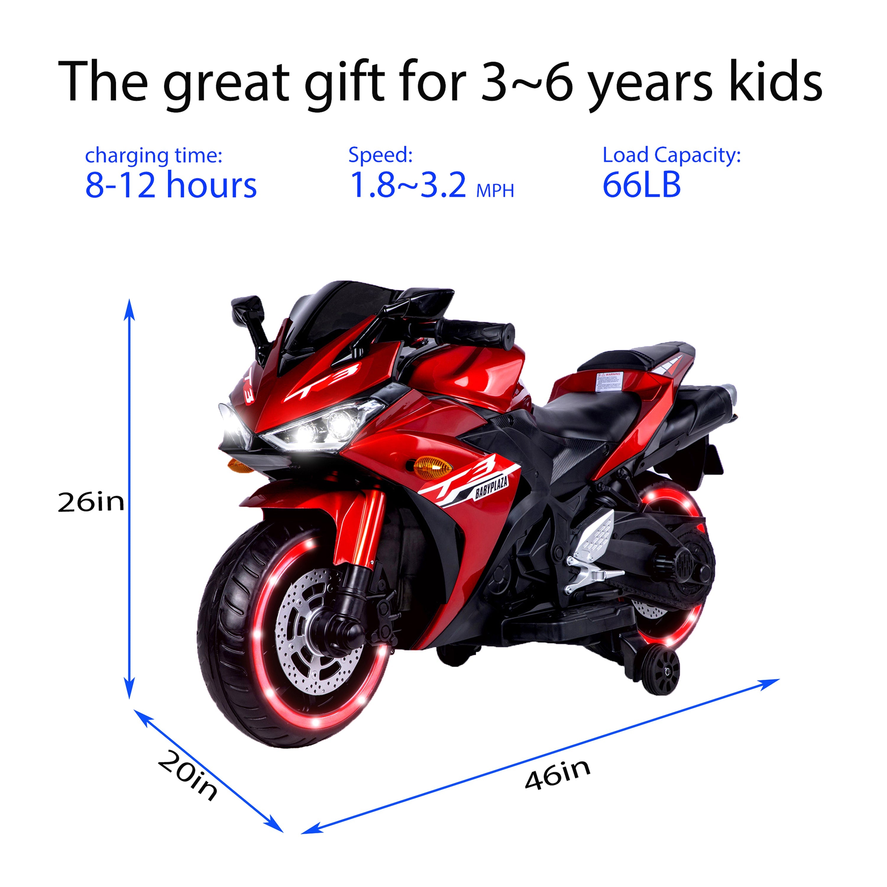 Kids 12V Motorcycle with Training Wheels, Manual Throttle, and Lighting Wheels for Boys and Girls Ages 3-6