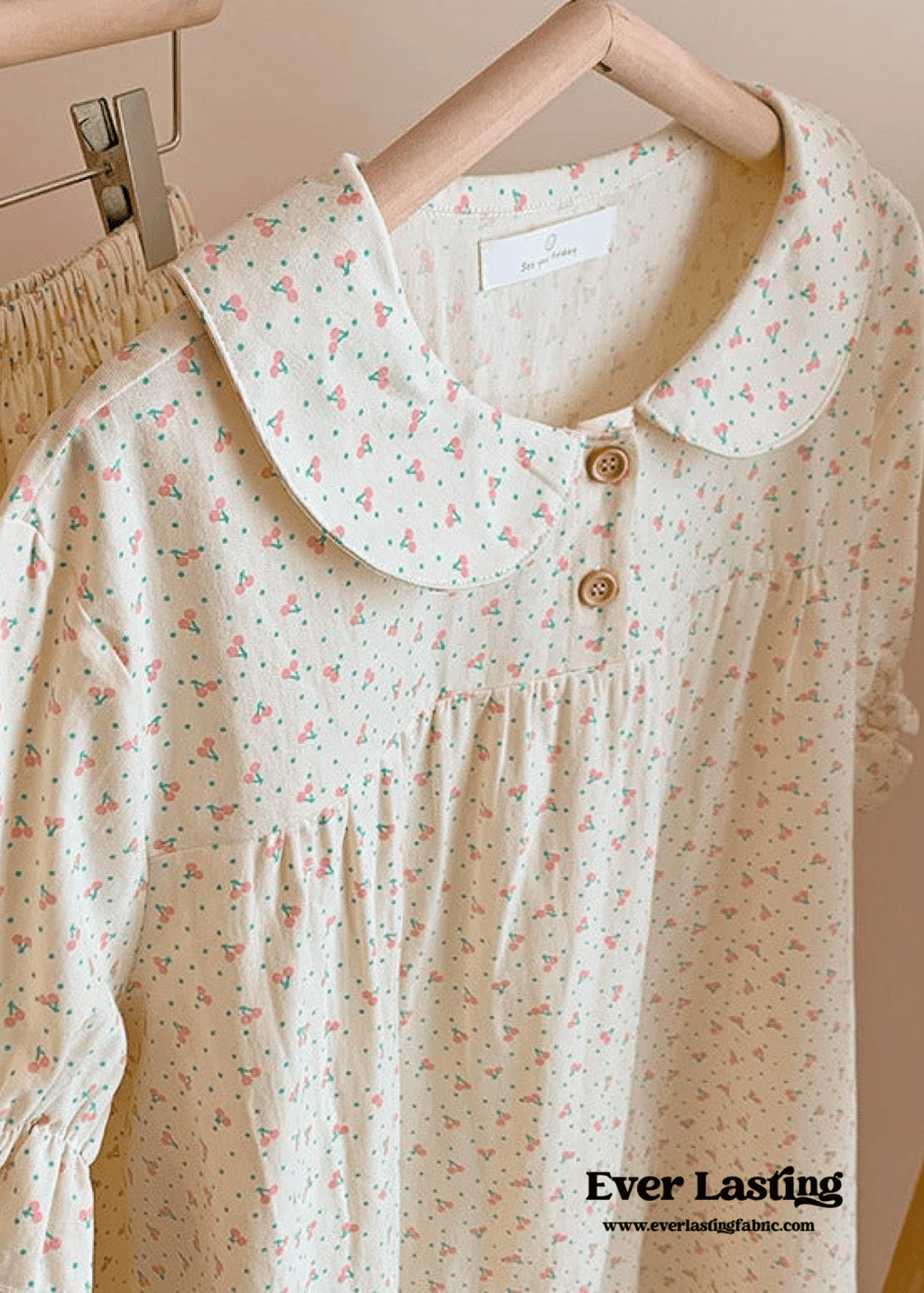 Cream Floral Quarter Sleeves & Long Pants Pajama Set