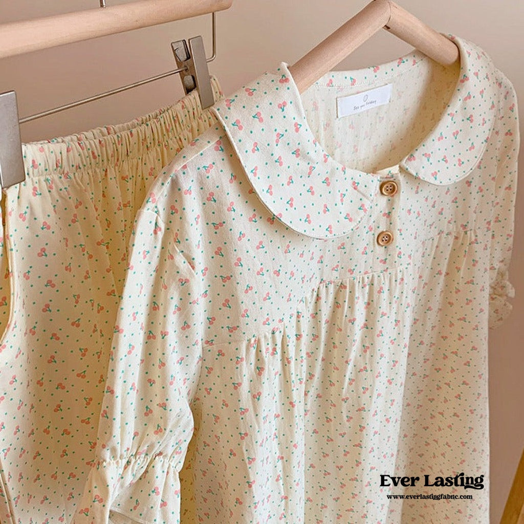 Cream Floral Quarter Sleeves & Long Pants Pajama Set