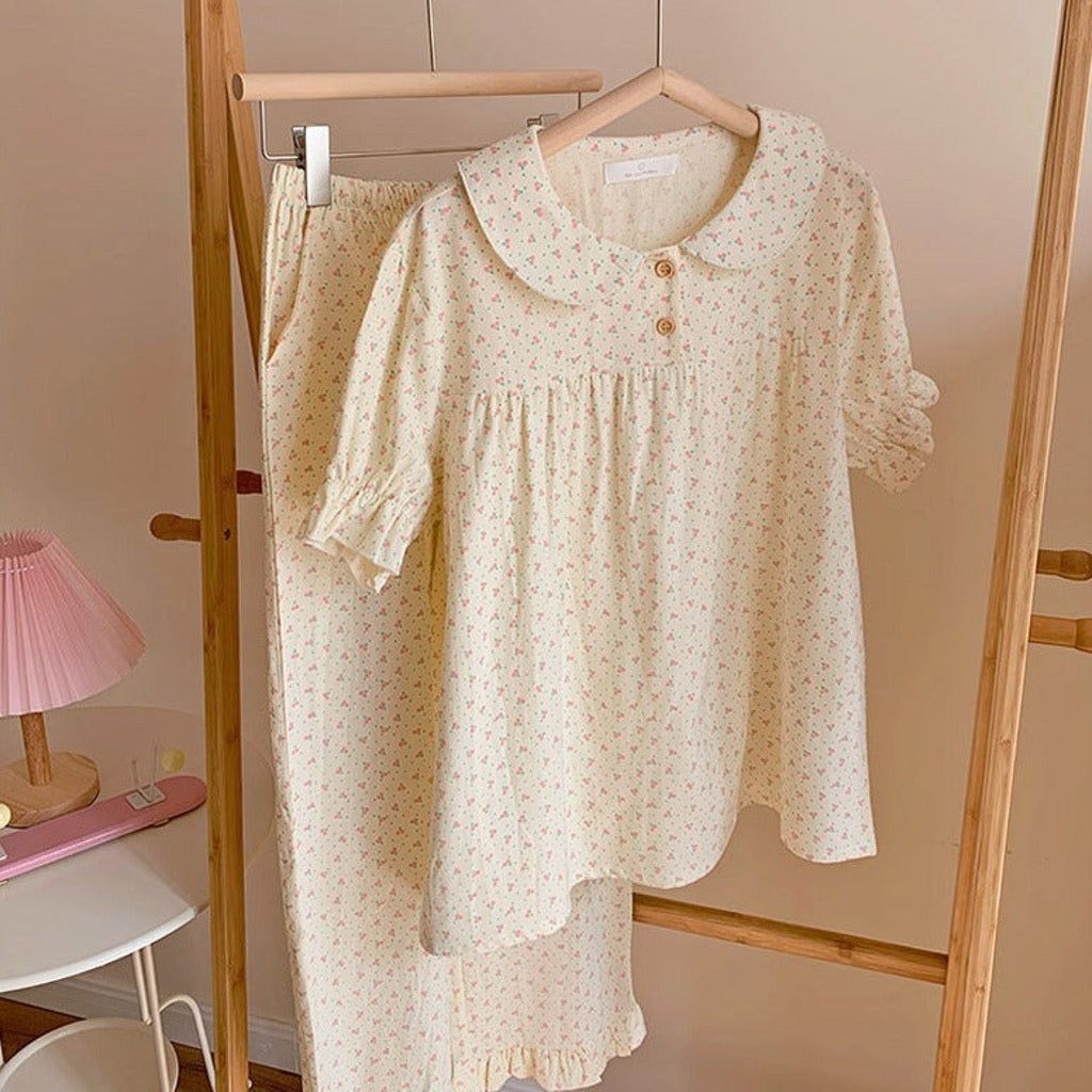 Cream Floral Quarter Sleeves & Long Pants Pajama Set