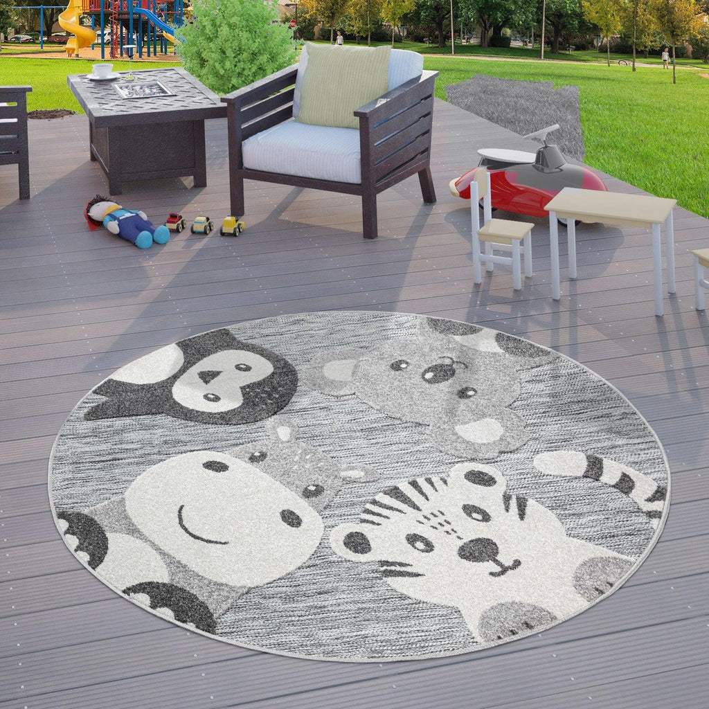 Round Kids Rug Lilo Cute Zoo Animals - Grey